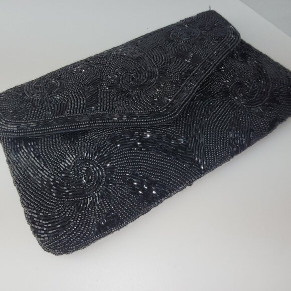 Vintage Delill Black Glass Bead Evening Bag Dress Purse Hand Beaded Snail Chain - Picture 1 of 11